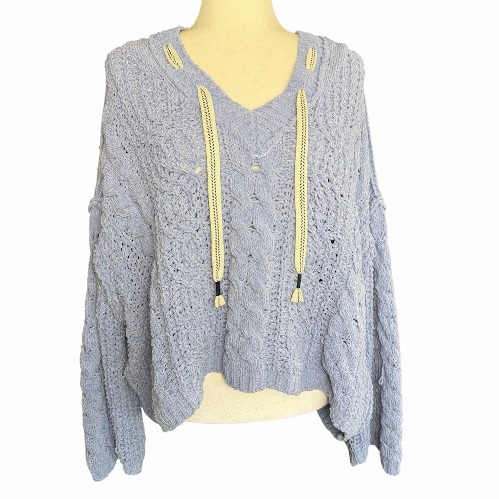 Pol Chunky Hooded Cable Knit Pullover Sweater Blue Small Relaxed Bohemian Boho
